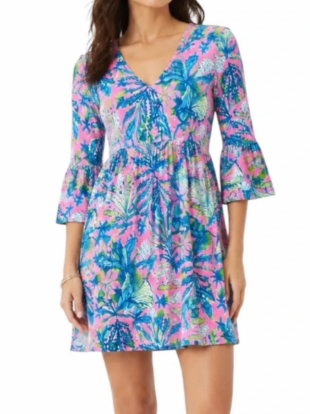 NWT Lilly Pulitzer Jannie V
Neck Three Sleeve Dress (Tropical Starfish Pink) XL